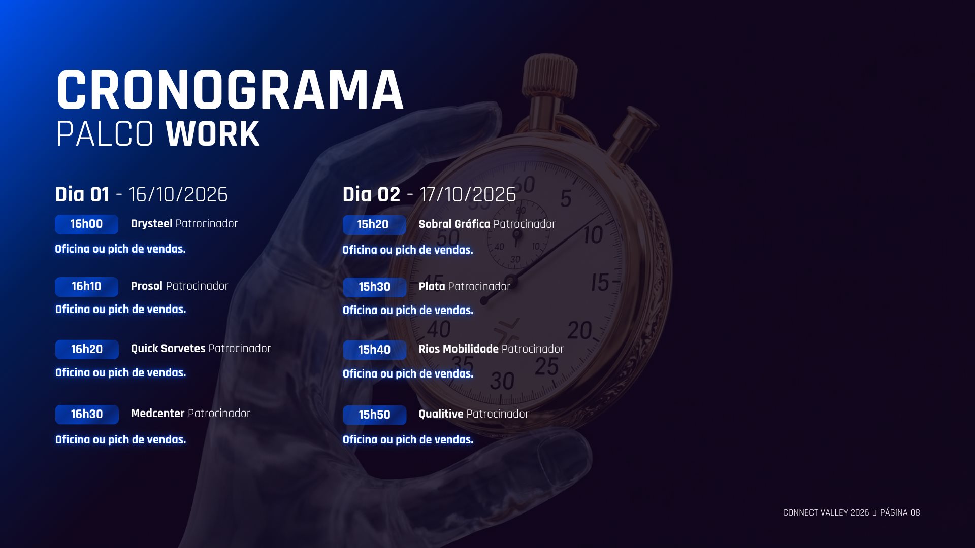 Infográfico do cronograma do Palco Work com as oficinas e pitchs de vendas dos dias 16 e 17 de outubro do Connect Valley 2026